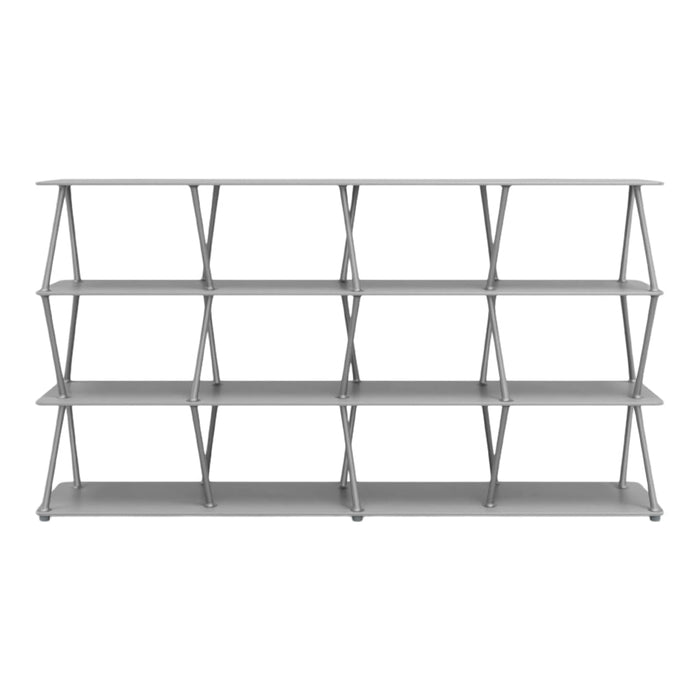 Gray minimalist shelving unit with a geometric pattern and open design, featuring multiple spacious shelves.
