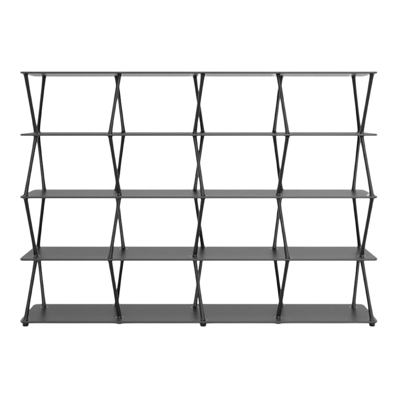 Black geometric bookshelf with open shelving and crisscross pattern, ideal for modern decor.