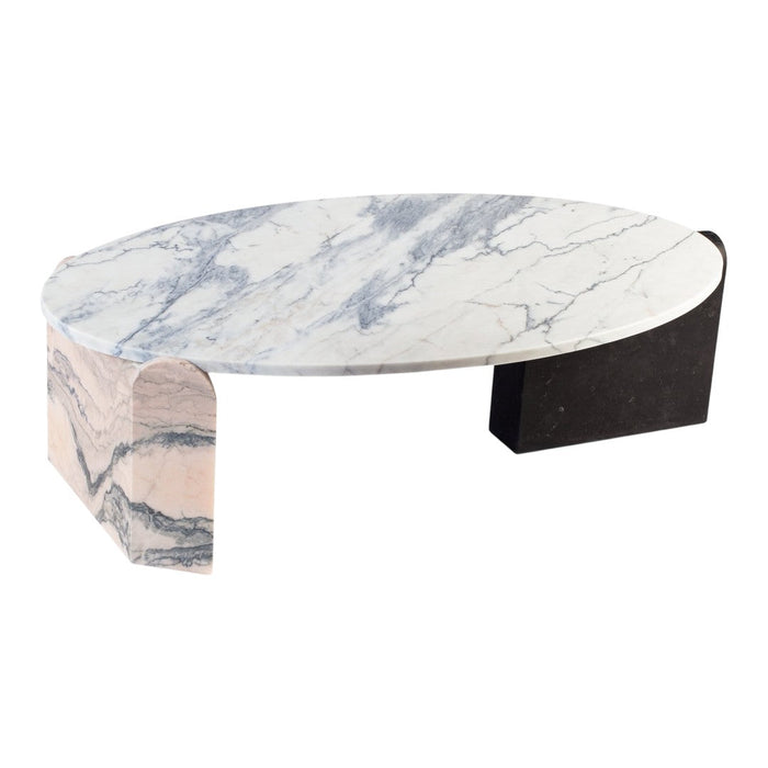 Round marble coffee table with a white and gray veined top and contrasting black geometric legs. Elegant modern design.