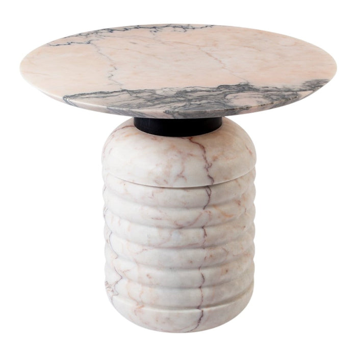 "Round marble side table with soft pink and cream tones, featuring elegant gray veining and a ribbed base design."
