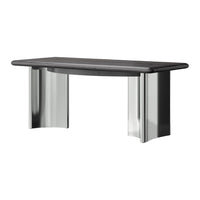 Modern black table with sleek chrome legs, featuring a minimalist design and smooth surfaces. Perfect for contemporary spaces.
