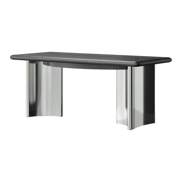 Modern black table with sleek chrome legs, featuring a minimalist design and smooth surfaces. Perfect for contemporary spaces.