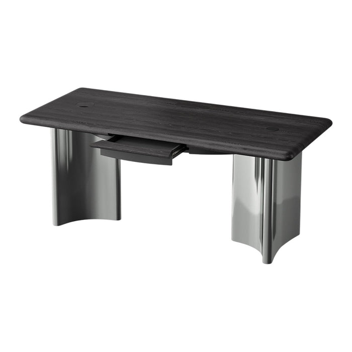 Modern black wood tabletop with sleek silver legs, featuring a minimalist design and subtle grain pattern.