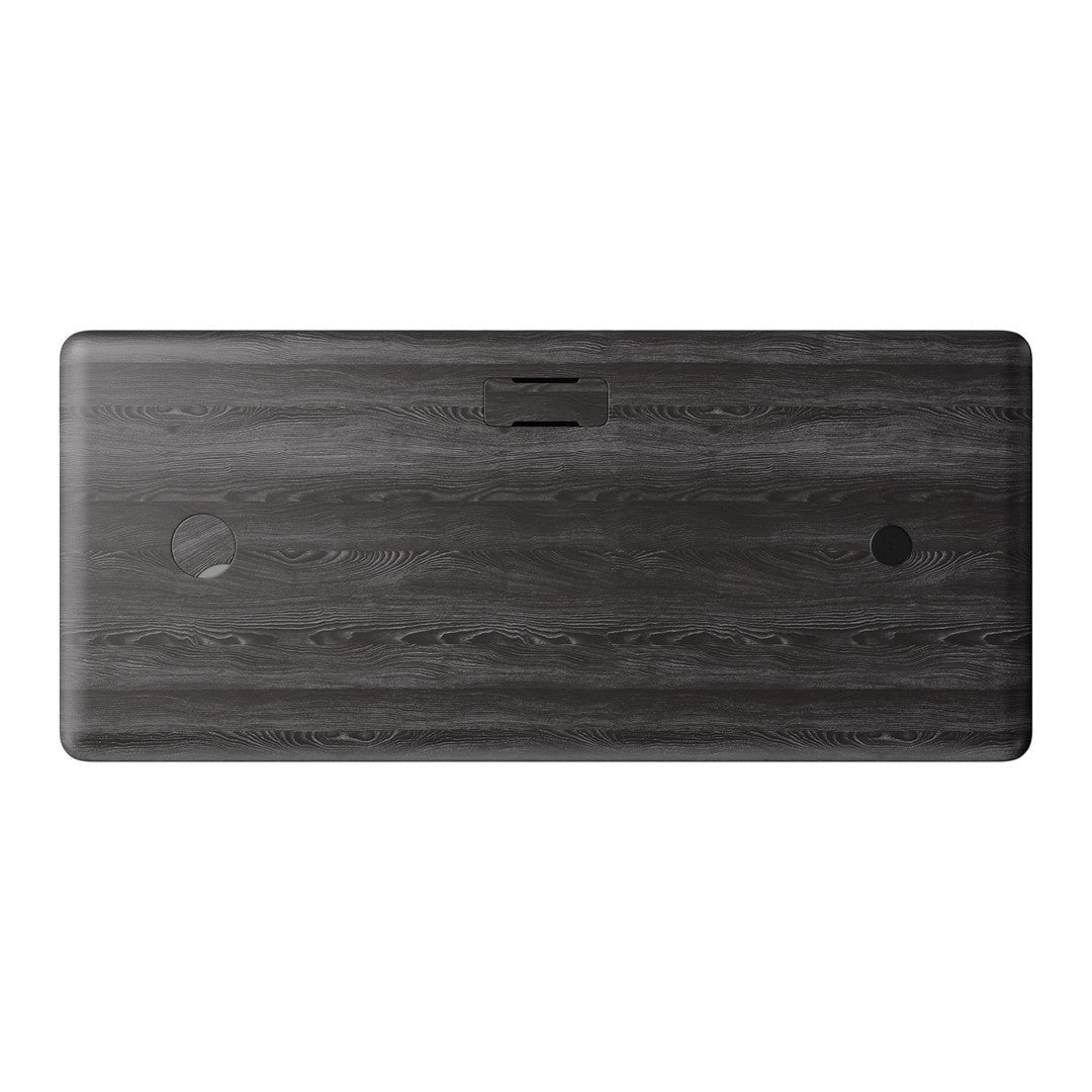 Dark gray wood grain pattern with subtle texture and smooth finish, featuring minimalist surface design and cutouts.