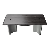 Dark wood grain desk with sleek gray legs, featuring a smooth, minimalist design. Perfect for modern office spaces.