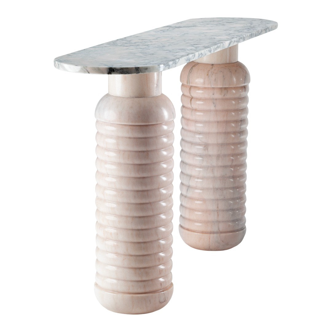 Light pink cylindrical bases with a shiny silver top featuring a subtle textured pattern. Modern and elegant design.