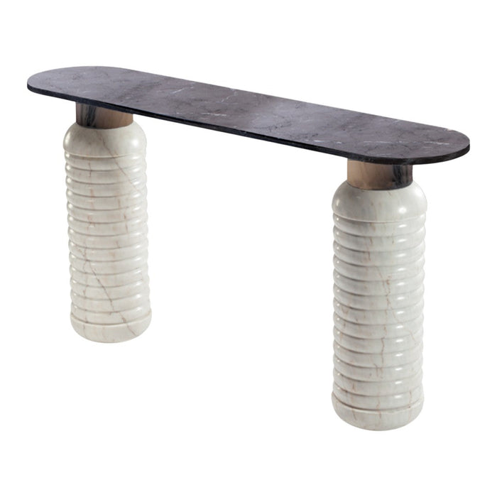 "Modern console table with a dark wood top and white ribbed ceramic bases."