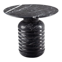 Black marble side table with white veining and a ribbed cylindrical base, featuring a smooth, round top.