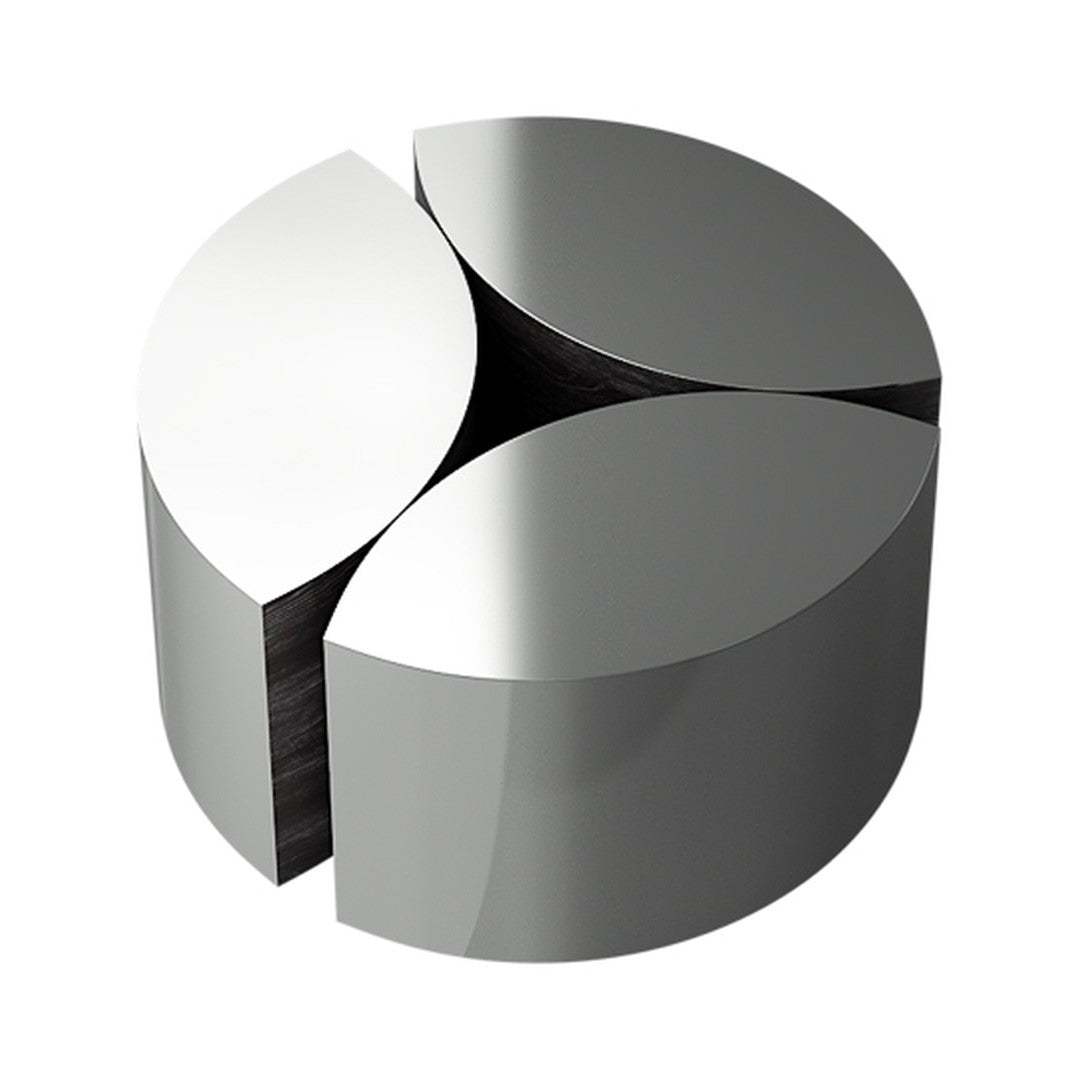 Metallic silver round sculpture with three curved segments creating a modern, sleek design. Perfect for contemporary decor.