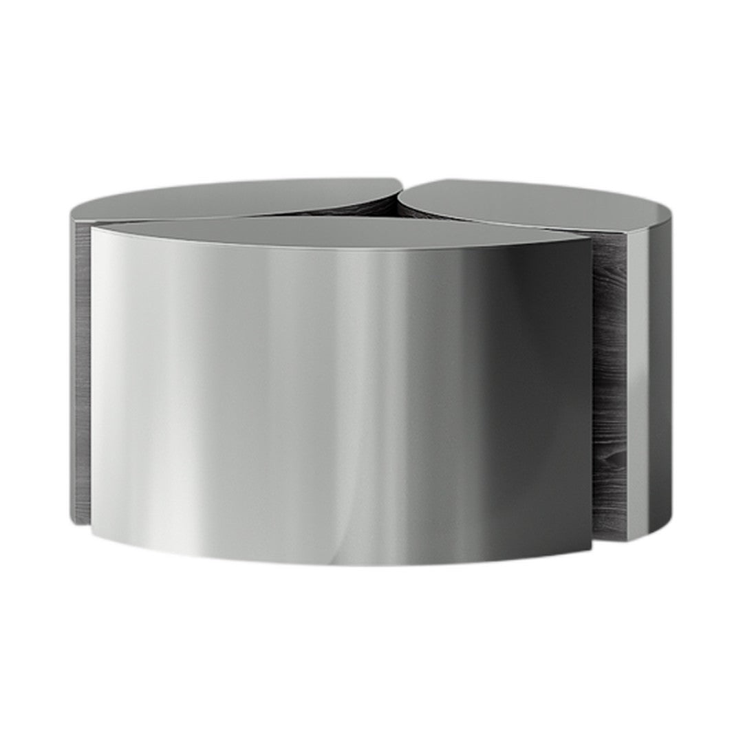 Sleek metallic gray coffee table with a curved, modern design and smooth reflective surface.