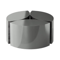 Sleek, glossy gray table with curved shapes, featuring a modern, minimalist design and smooth, reflective surfaces.