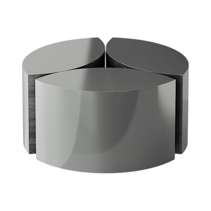 Sleek, glossy gray table with curved shapes, featuring a modern, minimalist design and smooth, reflective surfaces.