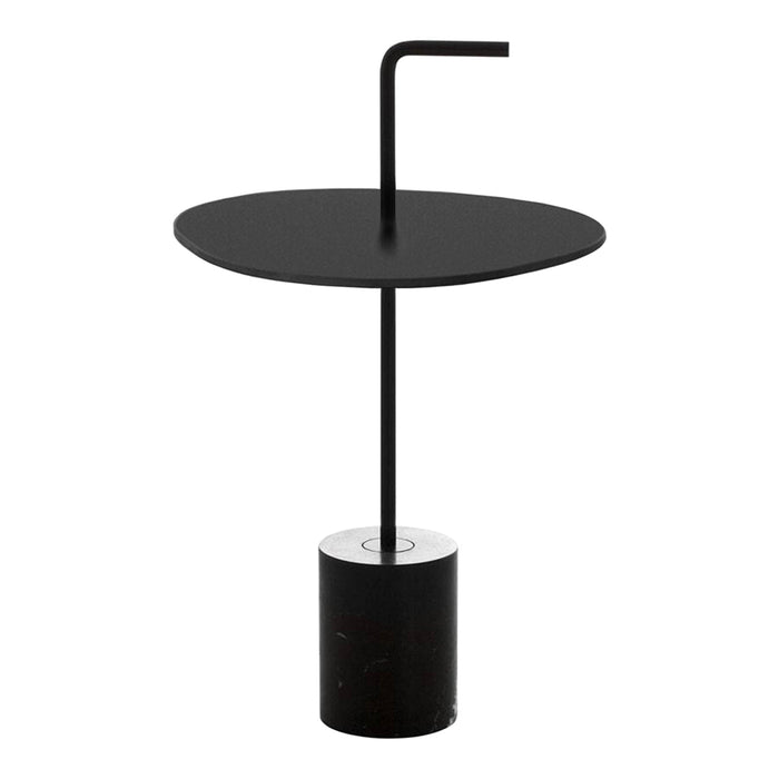 Black modern side table with a circular top and cylindrical base, featuring a sleek and minimalist design.