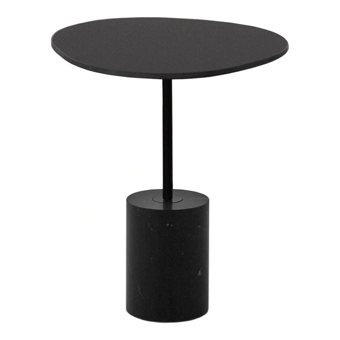 Black round table with a smooth surface and cylindrical base, featuring a minimalist design and sleek lines.