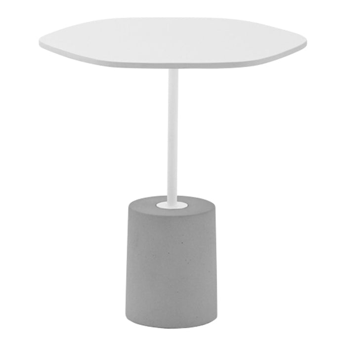 Modern octagonal table with a white top and gray cylindrical base, featuring a sleek minimalist design.