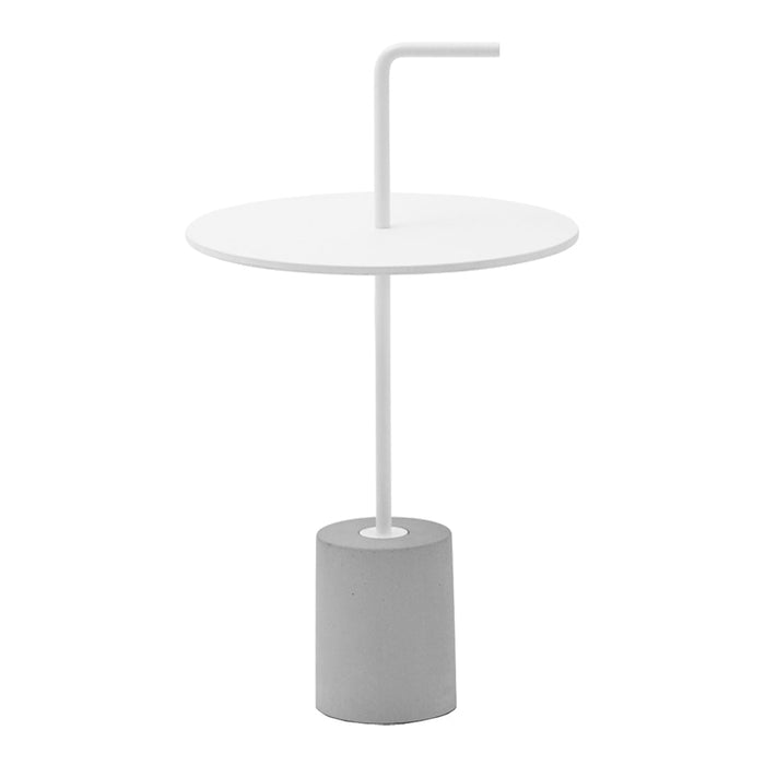 White round tabletop with a sleek gray cylindrical base and minimalist design. Perfect for modern decor.