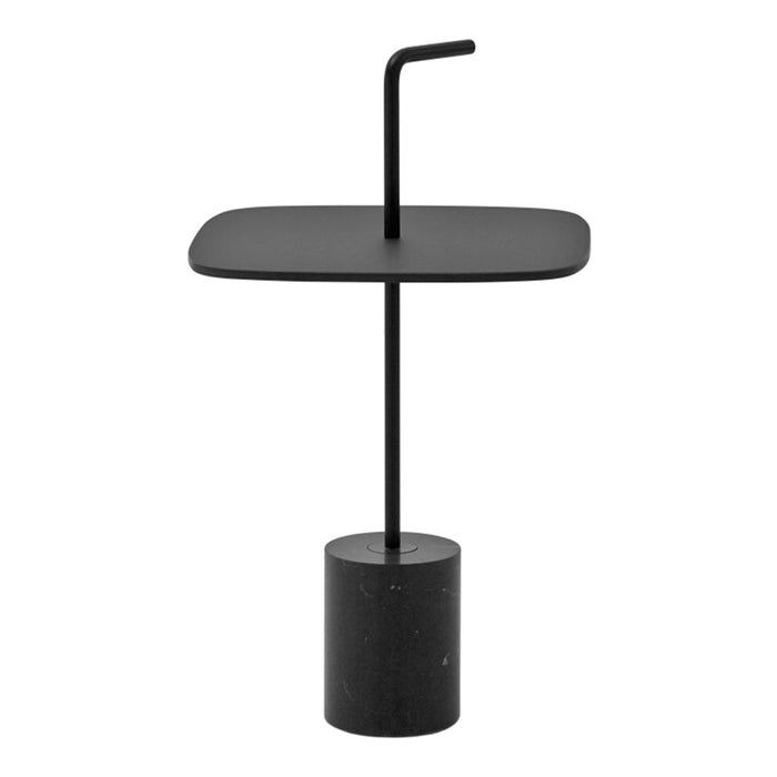 Black minimalist side table with a square top and cylindrical base, featuring a sleek, modern design.