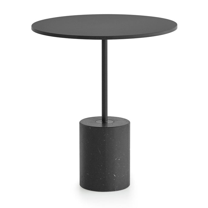 Minimalist black round table with a smooth top and textured cylindrical base. Ideal for modern decor.