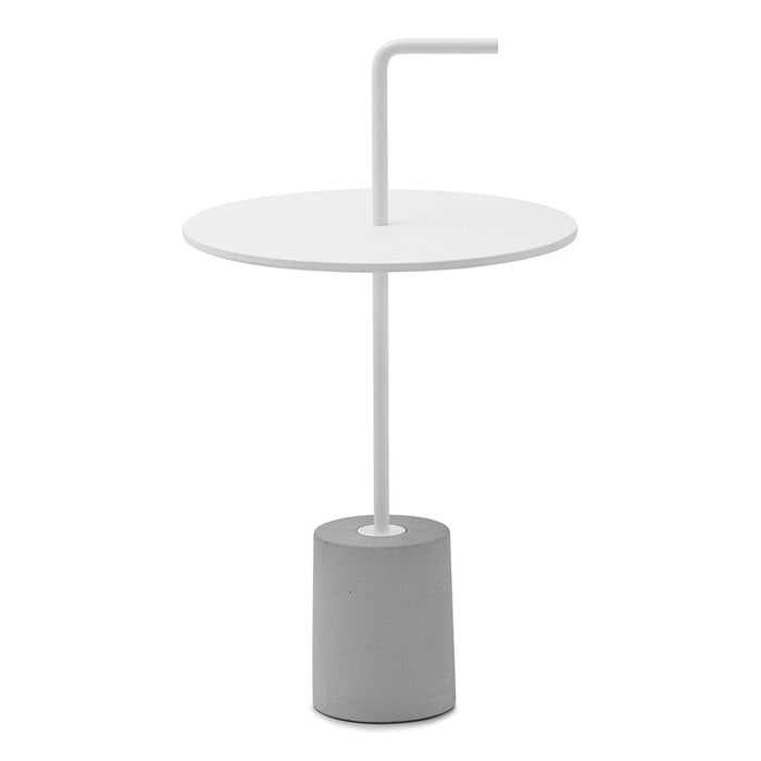 White round tabletop with sleek gray cylindrical base, minimalist design, modern color palette.