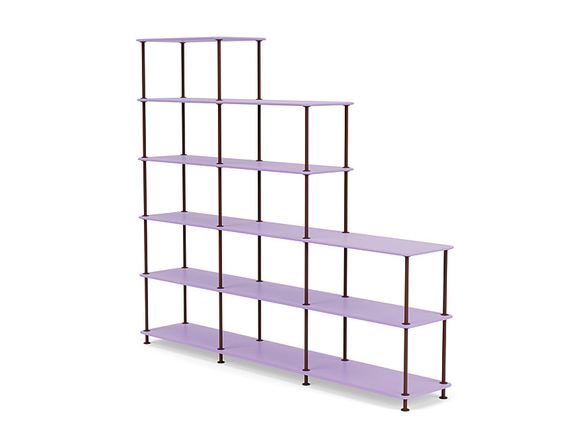 Modern purple shelving unit with a geometric design and sleek metal accents. Ideal for stylish home organization.