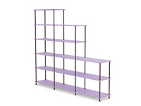 Modern purple shelving unit with a geometric design and sleek metal accents. Ideal for stylish home organization.