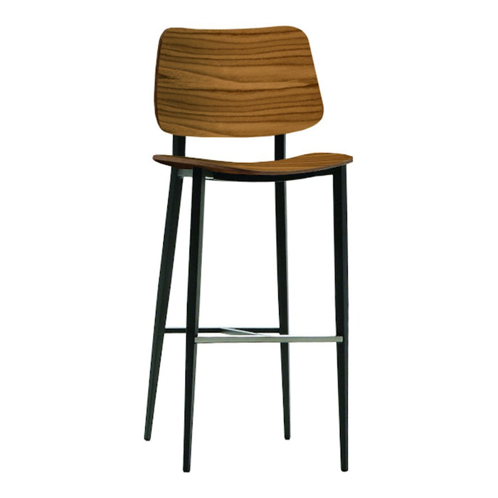 Wooden bar stool with a warm brown seat and sleek black legs, featuring elegant, horizontal wood grain patterns.