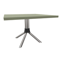 Green square tabletop with a sleek metallic silver base and black accents, perfect for modern spaces.