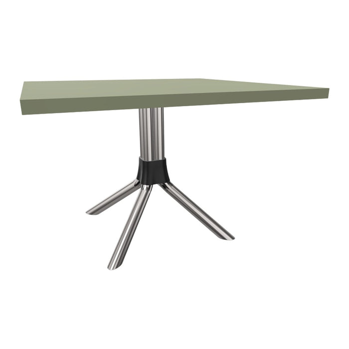 Green square tabletop with a sleek metallic silver base and black accents, perfect for modern spaces.