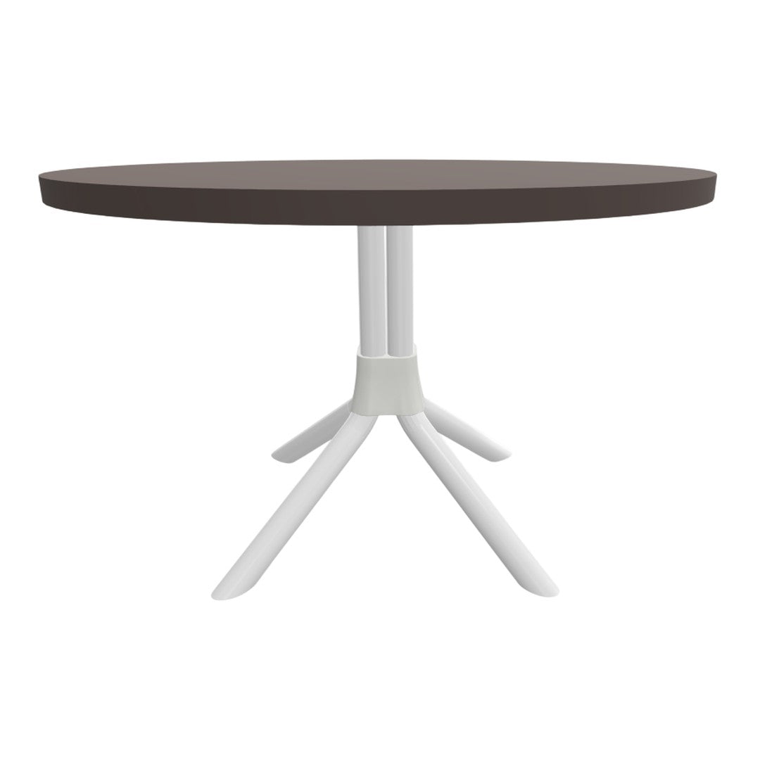 Round table featuring a dark brown top and a sleek white base with modern, minimalist design.