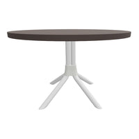 Round table featuring a dark brown top and a sleek white base with modern, minimalist design.