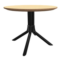 Round wooden table with a light natural wood top and sleek black metal legs. Perfect for modern decor.