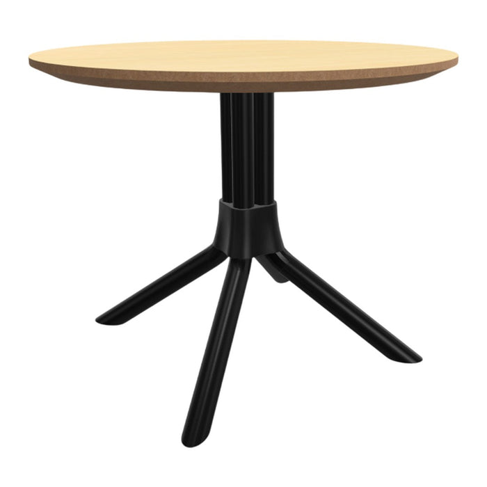 Round wooden table with a light natural wood top and sleek black metal legs. Perfect for modern decor.