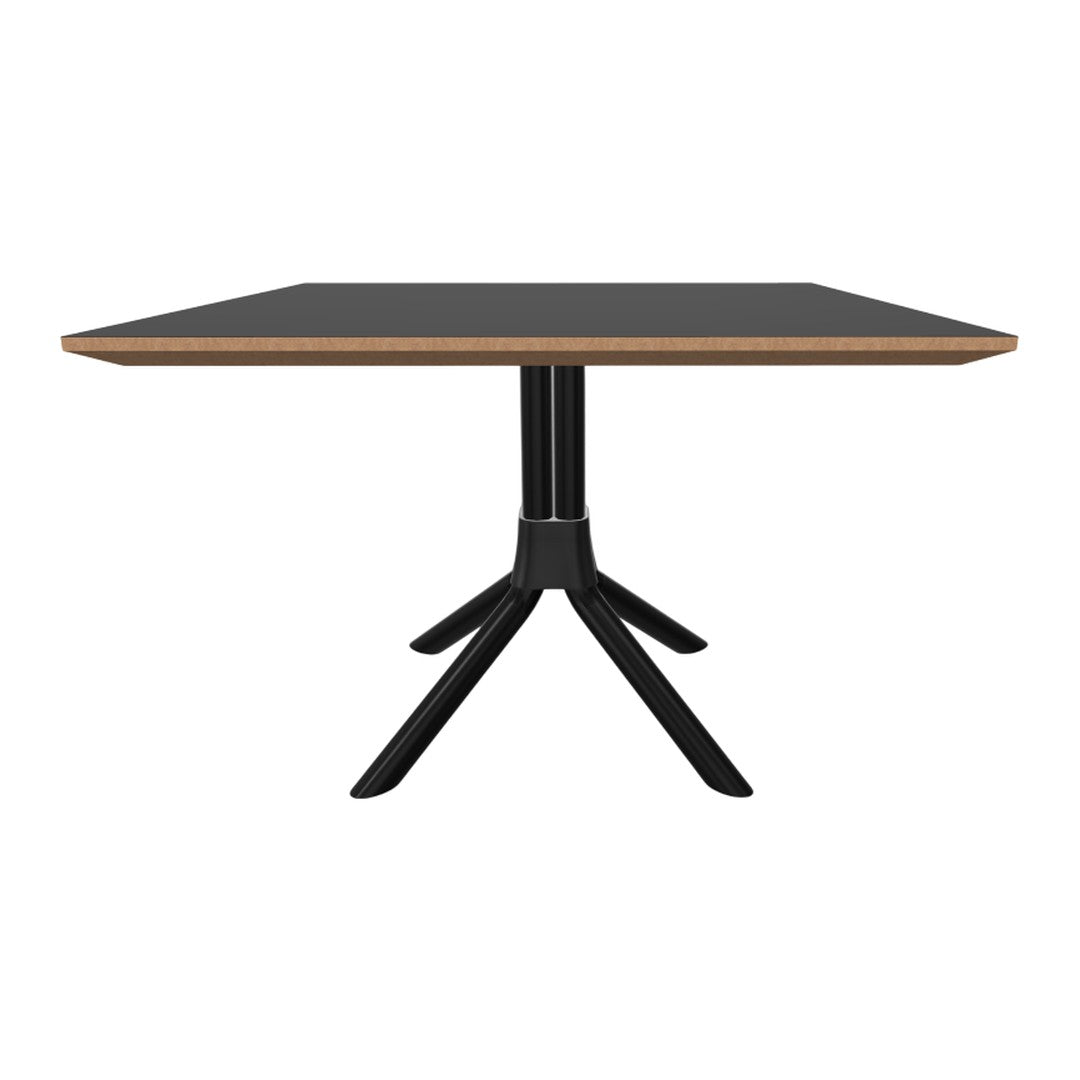 Black tabletop with natural wood trim and sleek black base, featuring a modern, minimalist design.
