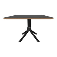 Black tabletop with natural wood trim and sleek black base, featuring a modern, minimalist design.