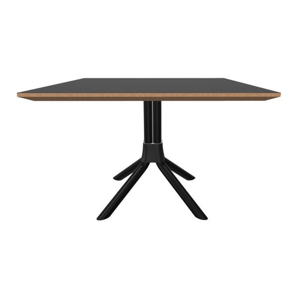 Black tabletop with natural wood trim and sleek black base, featuring a modern, minimalist design.
