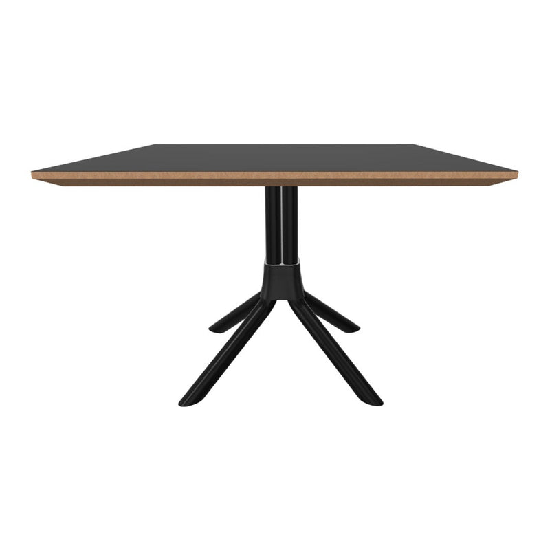 Black tabletop with natural wood trim and sleek black base, featuring a modern, minimalist design.