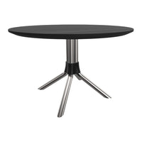 Black round table with sleek silver legs and a modern design, suitable for contemporary settings.