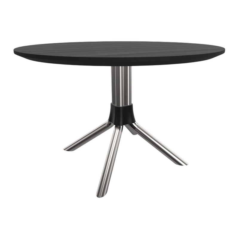 Black round table with sleek silver legs and a modern design, suitable for contemporary settings.