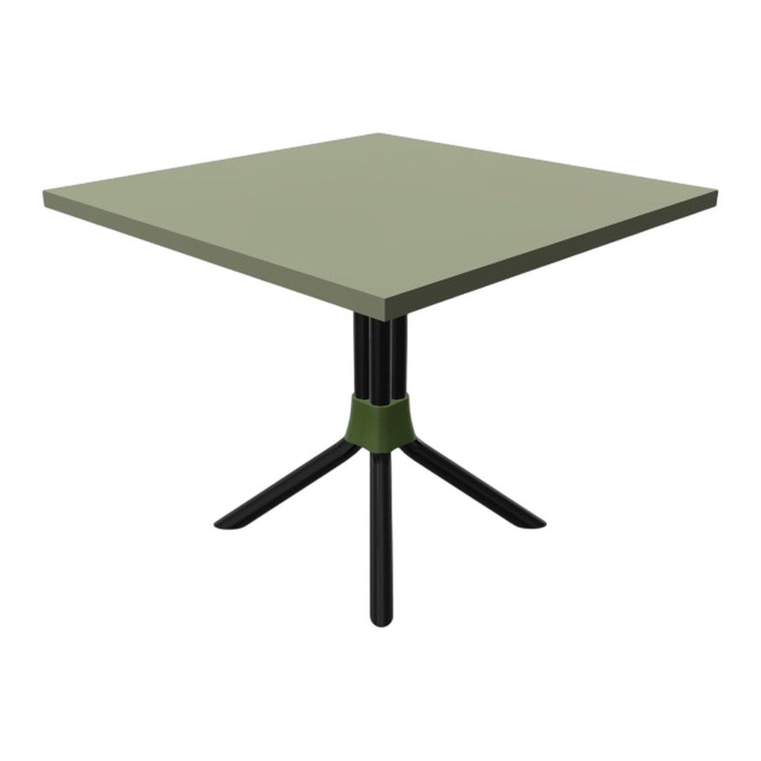 Square table with a muted olive green top and black legs, featuring a green accent at the base.