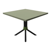 Square table with a muted olive green top and black legs, featuring a green accent at the base.