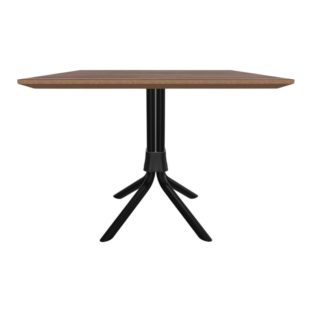 Square wooden table with a rich brown surface and a sleek black metal base, featuring modern, minimalist design.