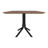 Square wooden table with a rich brown surface and a sleek black metal base, featuring modern, minimalist design.