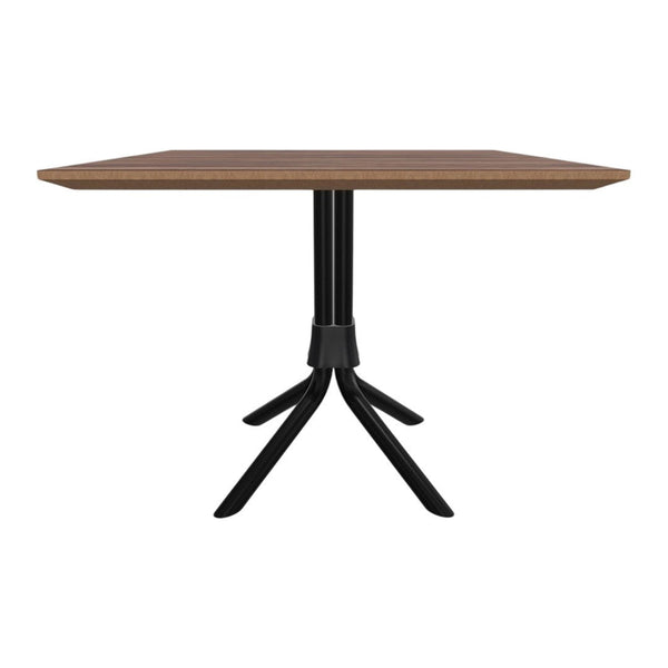 Square wooden table with a rich brown surface and a sleek black metal base, featuring modern, minimalist design.