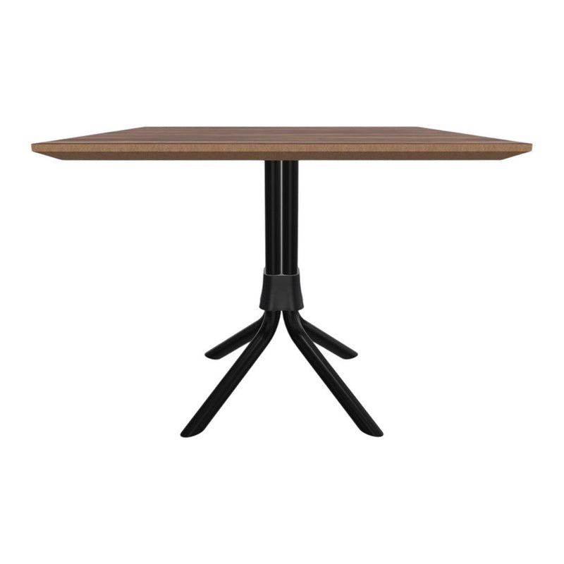 Square wooden table with a rich brown surface and a sleek black metal base, featuring modern, minimalist design.