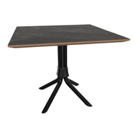 Black tabletop with a subtle texture, complemented by a natural wood edge and a sleek black base.