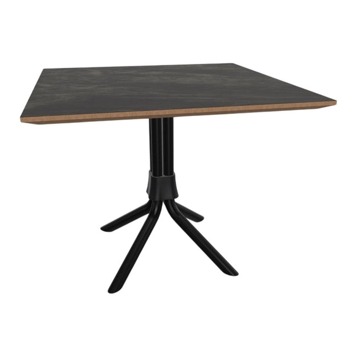 Black tabletop with a subtle texture, complemented by a natural wood edge and a sleek black base.