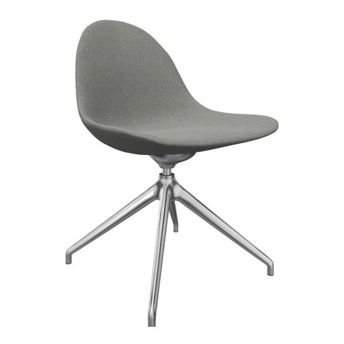 Gray upholstered chair with a sleek silver metallic base, featuring a minimalist design and smooth curves.