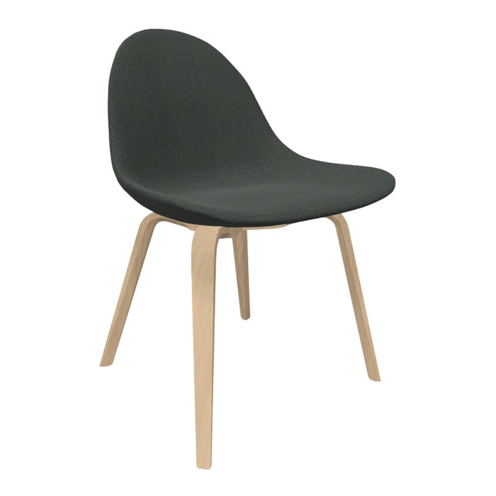 Modern black upholstered chair with light wooden legs, featuring a sleek, minimalistic design.