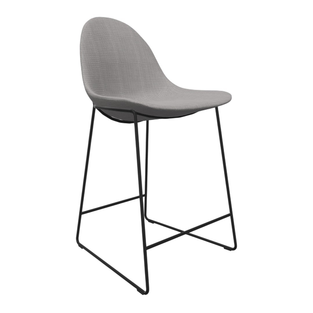 Gray upholstered bar stool with a sleek black metal frame, featuring a subtle textured pattern. Perfect for modern decor.