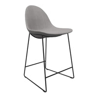 Gray upholstered bar stool with a sleek black metal frame, featuring a subtle textured pattern. Perfect for modern decor.
